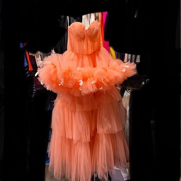 Mac Duggal Peach Strapless Tiered Tulle Gown - Picture 4 of 5